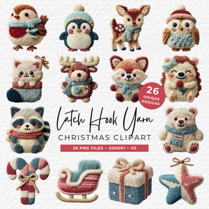 Puede incluir: Una colección de diseños navideños de hilo de enganche. La imagen presenta varias figuras de animales y festivas, incluyendo un pájaro, un pingüino, un ciervo, un búho, un gato, un zorro, un mapache, un oso, un bastón de caramelo, un trineo, un regalo y una estrella. El texto dice "Latch Hook Yarn Christmas Clipart".