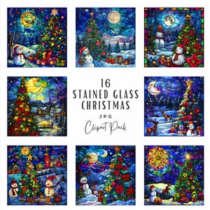 Stained Glass Christmas Clipart Bundle | 16 Winter Holiday Stain Glass Christmas Decoration Clipart JPG | Digital Download | Commercial Use