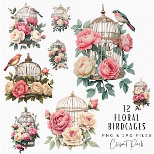 Watercolor Birdcage Clipart, Watercolor Antique Vintage Floral Bird Cage Clipart, Digital Download Commercial Use, Junk Journal Scrapbooking