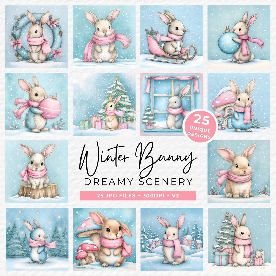 Winter Scenes Clipart Bundle, Cute Bunny Snowy Landscapes Digital ...