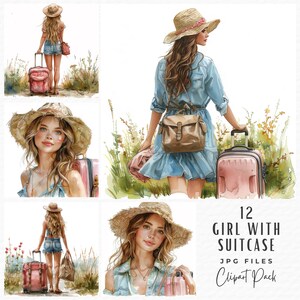 Aquarell Mädchen mit Koffer Clipart, 12 Aquarell Girly rosa Boho Sommer Reise Abenteuer Urlaub Urlaub Clipart JPG, digitaler Download