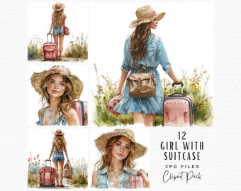 Watercolor Girl with Suitcase Clipart: Boho Summer Travel, 12 JPGs (Digital Download)