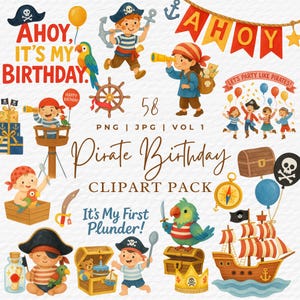 Pirate Birthday Clipart, 58 Watercolor Seamless Pattern Kids Pirate Boy Girl Ship Treasure Map Parrot Party Quotes Clipart, Digital Download