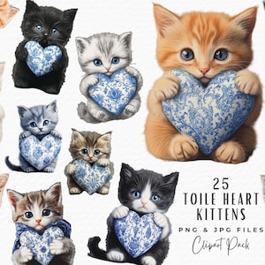 Toile Heart Kitten Clipart Bundle: 50 PNG & JPG Watercolor Kittens Holding Blue Toile Hearts for Valentine’s Cards Crafts Instant Download