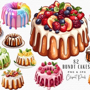 バントケーキ クリップアート バンドル、82 枚の水彩画 ベーカリー メニュー デザート セール クリスマス パウンド ケーキ クリップアート、デジタル ダウンロード、食品イラスト グラフィック