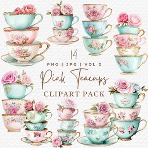 Stacked Tea Cups Clipart, Vintage Watercolor PNG for Scrapbooking, Pink Floral Tea Party Art, Digital Download Illustrations, Commercial Use