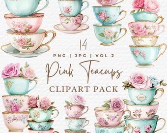 Vintage Teetassen Clipart: Aquarell Blumen Stapel (Digitaler Download, PNG, Kommerzielle Nutzung)