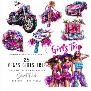 Bundle di clipart di viaggio per ragazze di Las Vegas / ClipArt di avventure estive in acquerello / Festa nuziale per vacanze a Las Vegas PNG JPEG Download digitale