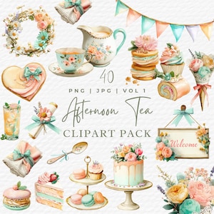 Afternoon Tea Clipart, Watercolor Vintage Tea Party Invitation Cake Teapot Tea Cup Bunting Clipart PNG JPG, Digital Download Commercial Use
