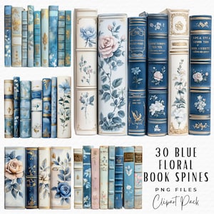 Livre dos Clipart, 30 aquarelle vintage fleur floral bleu livre dos Clipart, usage Commercial en téléchargement numérique, PNG Junk Journal Design