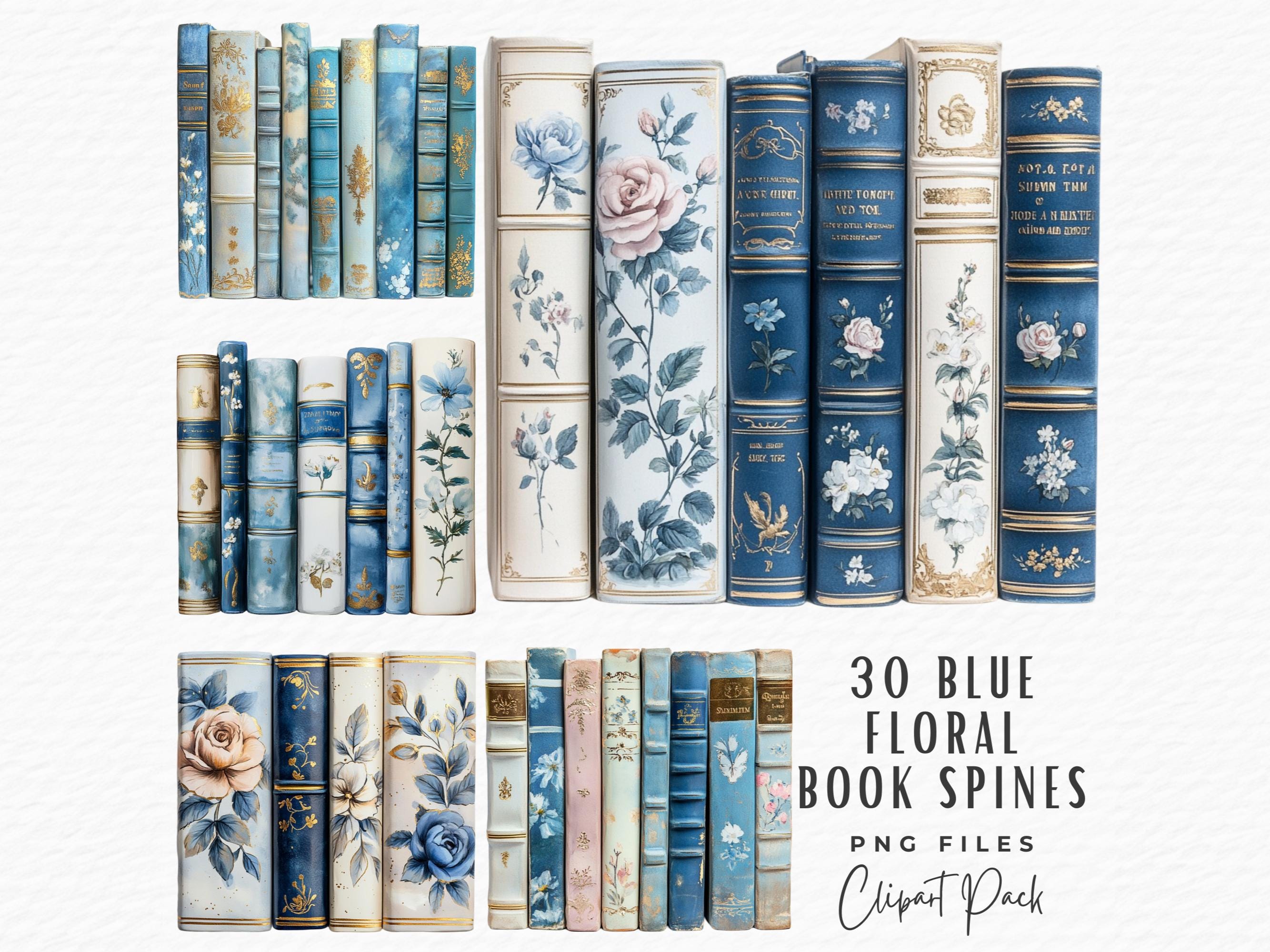 Clipart de lomo de libro, 30 imágenes prediseñadas de lomos de libro con flores azules vintage en acuarela, descarga digital para uso comercial, diseño de diario basura PNG