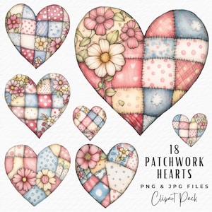 Patchwork Herz Clipart Bundle, 18 Aquarell Valentinstag Quilt Liebe Herz Clipart, Digitales Basteln Kunst Junk Journal Ephemera Scrapbook