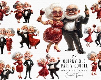 Funny Old Couple Watercolor Clipart, Holiday PNG JPG (Digital Download)