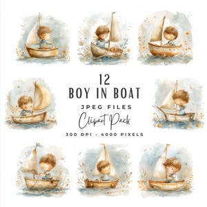 Aquarel jongen in een boot clipartbundel, 12 zeilboot kinderkamer kinderkamer inrichting baby shower muur kunst clipart, digitale download, commercieel gebruik
