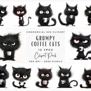 Bundle de cliparts chat café grincheux, clipart original drôle de chat noir grincheux du matin, Mug mignon chat Clipart, téléchargement numérique, usage Commercial