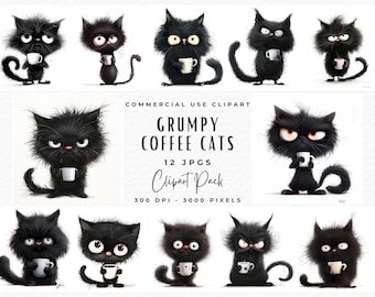 Grumpy Coffee Cat Clipart Bundle, Quirky Funny Grumpy Morning Black Cat Clip Art, Cute Mug Cat Clipart, Digital Download, Commercial Use
