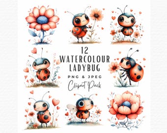 Watercolor Ladybug Clipart | Love Bug, Hearts & Flowers (Digital Download)