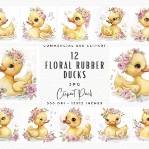 Pacchetto Clipart di bagnoschiuma con paperella di gomma / Clipart di paperella floreale rosa ad acquerello / Download digitale di paperella di gomma per bambini / Clipart per bambine per baby shower