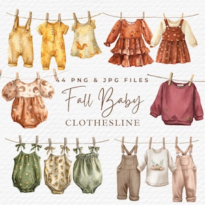 Op de afbeelding: Waterverfillustraties van babykleding die aan een waslijn hangen. De collectie bevat overalls, jurken en shirts in herfstkleuren zoals oranje, geel en groen. De tekst "Fall Baby Clothesline" is ook zichtbaar.
