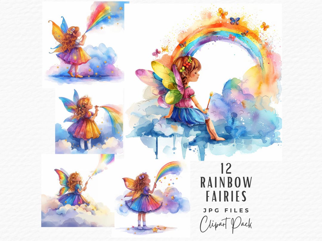 Watercolor Rainbow Fairy Clipart Bundle: Magical Fantasy Art (digital ...