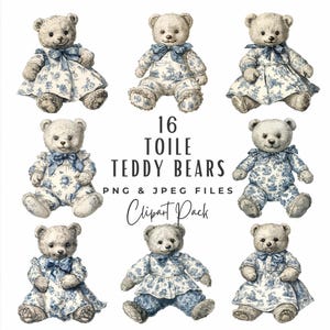 Toile Bear Clipart Bundle, Watercolor Vintage French Blue Floral Teddy Bear Chinoiserie Nursery Baby Shower Clipart PNG, Digital Download