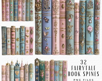 May include: A collection of 32 fairytale book spines in pastel colors, including pink, blue, and green. The spines are intricately decorated with gold embellishments, crowns, and floral designs. The text "32 FAIRYTALE BOOK SPINES" and "PNG FILES Clipart Pack" is visible.