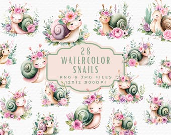 Watercolor Snail Clipart: Pastel Floral Illustrations (Digital Download)