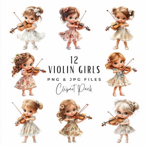 Paquete de imágenes prediseñadas de niña violinista / Imágenes prediseñadas de instrumento musical PNG JPEG / Descarga digital / Planificador digital de niña músico