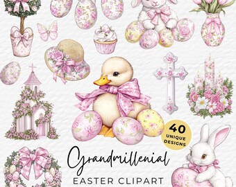 Grandmillenial Easter Clipart Bundle, 40 Watercolor Preppy Spring Illustrations, Digital Download, Cute Easter Bunny Chinoiserie Clipart