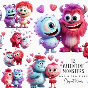 Valentine Monster clipart bundel, 12 aquarel schattige kawaii liefde monsters png jpeg Valentijnsdag clipart, digitale download commercieel gebruik