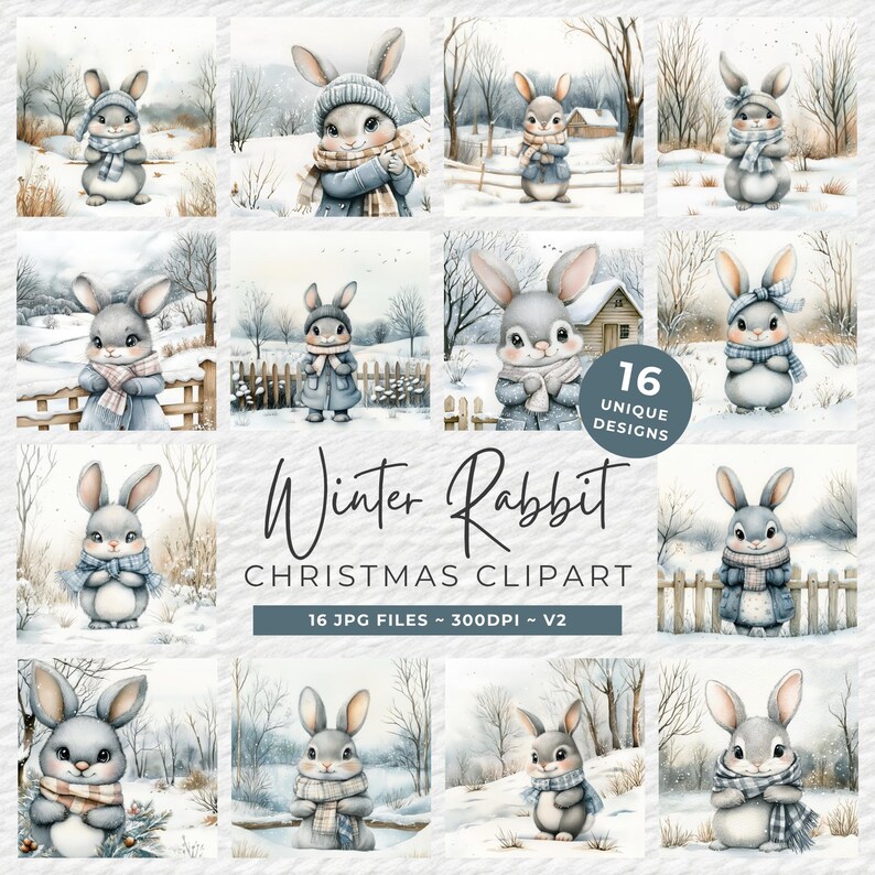 Winter Scenes Clipart Bundle, Rabbit Snowy Landscapes Graphics, Digital ...