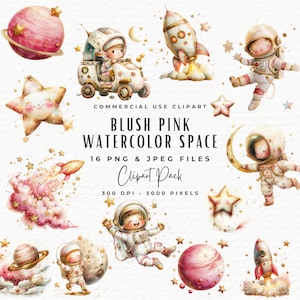 Pacchetto Clipart Spazio Acquerello / 16 Blush Pink & Gold Nursery Planet Rocket Astronaut PNG Clip Art / Pacchetto Clipart Baby Shower Rosa per Ragazze