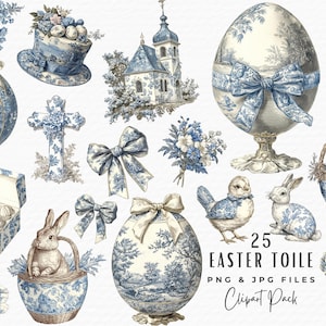 Pasen toile clipartbundel, 25 aquarel blauw-witte toile de jouy lente clipart png, digitale download, schattige paas chinoiserie clipart