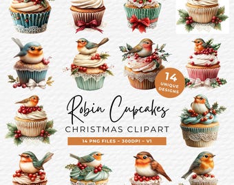 Festive Robin Clipart, Cute Winter Bird Cupcake Art, PNG, Digital Download for Card Making, Holiday Decor, Commercial Use