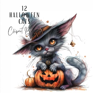 Lot de cliparts Halloween chat excentrique | Chat noir fantaisiste et citrouille en téléchargement numérique JPEG | Clipart aquarelle drôle mignon de chaton de chapeau de sorcière