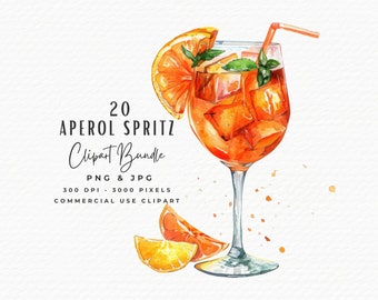 20 Aperol Spritz Clipart | Watercolor Cocktails PNG Clipart | Watercolor Aperol Clipart Bundle | Alcoholic Drinks | Summer Cocktail Drink