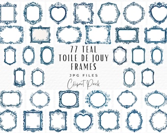 May include: A set of 77 teal toile de jouy frames in various shapes and sizes. The frames are perfect for adding a touch of vintage charm to your projects.