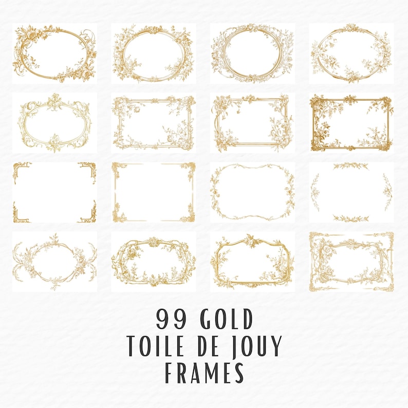 French Gold Frame Clipart Bundle, 99 Watercolor Vintage Gold Toile De Jouy Wedding Baroque Frame Clip Art, Digital Download, Floral Wedding image 4