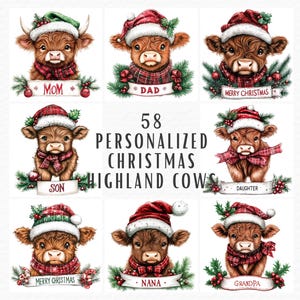 Clipart vache Noël JPEG, 58 aquarelle mignon personnalisé hiver vache Highland vache père Noël, téléchargement numérique, image de scrapbooking Journal