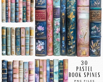 May include: A collection of 30 pastel book spines in various colors, including blue, pink, and gold. The spines feature floral and butterfly designs, with gold accents. The text "30 Pastel Book Spines" and "PNG Files Clipart Pack" is visible.