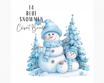 Watercolor Christmas Snowman Clipart Bundle, Whimsical Blue Snowmen (Digital Download)