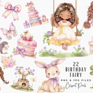 Balanço de clipart de fada, 22 clipart de aniversário de fada preta de conto de fadas em aquarela, download digital, uso comercial, clipart de menina de jardim floral fofo