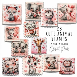 Paquete de imágenes prediseñadas de sellos postales de animales de San Valentín / 28 imágenes prediseñadas PNG de sellos postales falsos de acuarela / Descarga digital / Scrapbooking de diario basura