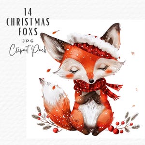 Pacote de clipart de raposa de Natal em aquarela, download digital para uso comercial, clipart de animal fofo de raposa da floresta para férias de inverno, cartão de Natal faça você mesmo