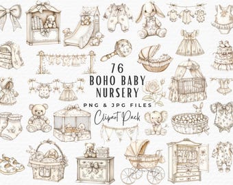 Boho Nursery Watercolor Clipart, Baby Shower Invitation Graphics (Digital Download)