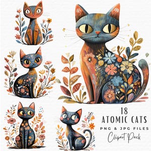 Atomic Cat Clipart Bundle, Cute Retro Mid Century Modern Black Cat Clipart PNG, Digital Download, Commercial Use, Junk Journal Scrapbooking