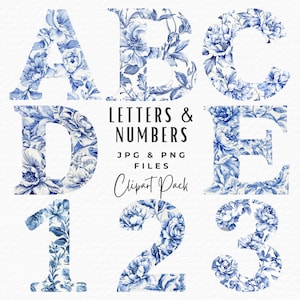 Paquete de imágenes prediseñadas del alfabeto Toile, 36 elegantes letras y números de Toile de Jouy azules vintage en acuarela, descarga digital para uso comercial