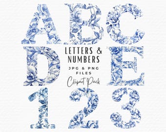 Toile Alphabet Clipart: Watercolor Blue Floral Letters & Numbers (Digital Download)