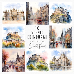 Pacchetto Clipart di Edimburgo, 16 Clipart panoramiche della Scozia ad acquerello, download digitale, uso commerciale, Clipart di viaggio di Scrapbooking Junk Journal