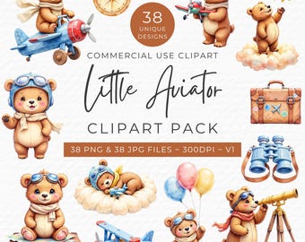 Aviator Bear Clipart: Watercolor Flying Bears, Nursery Art (PNG & JPG)